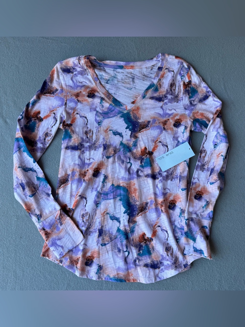 Printed V-Neck Long Sleeve Top - Lavender Multi Blue Sol